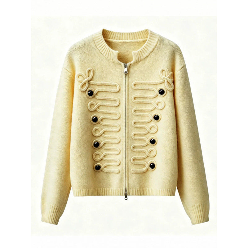 Women's short-cut knitted cardigan with decorative cord applications and two-way zipper Mune Fashion