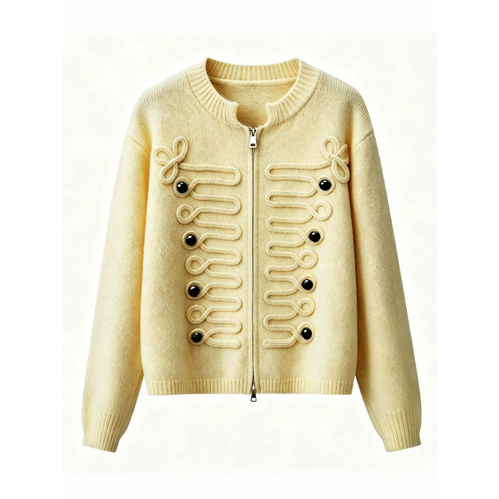 Women's short-cut knitted cardigan with decorative cord applications and two-way zipper Mune Fashion