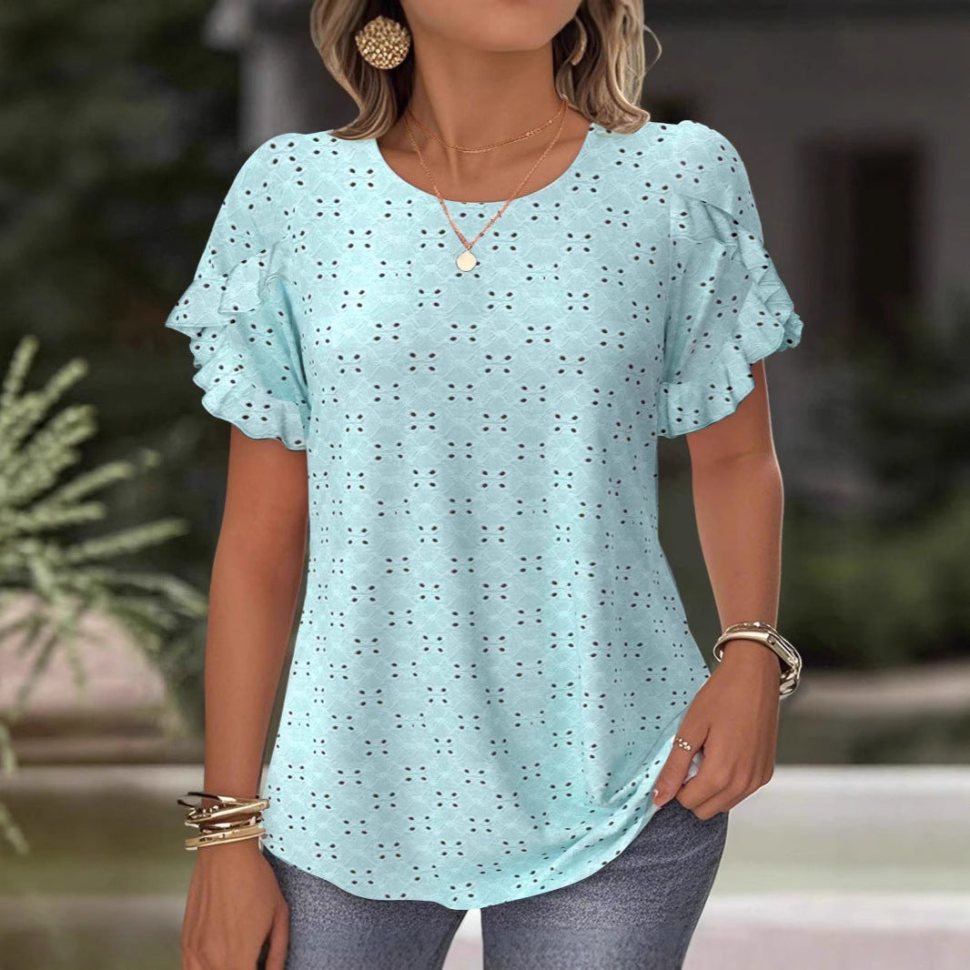 Women's Broderie Anglaise Blouse with Double Ruffle Sleeves and Casual Hip Length Mune Fashion