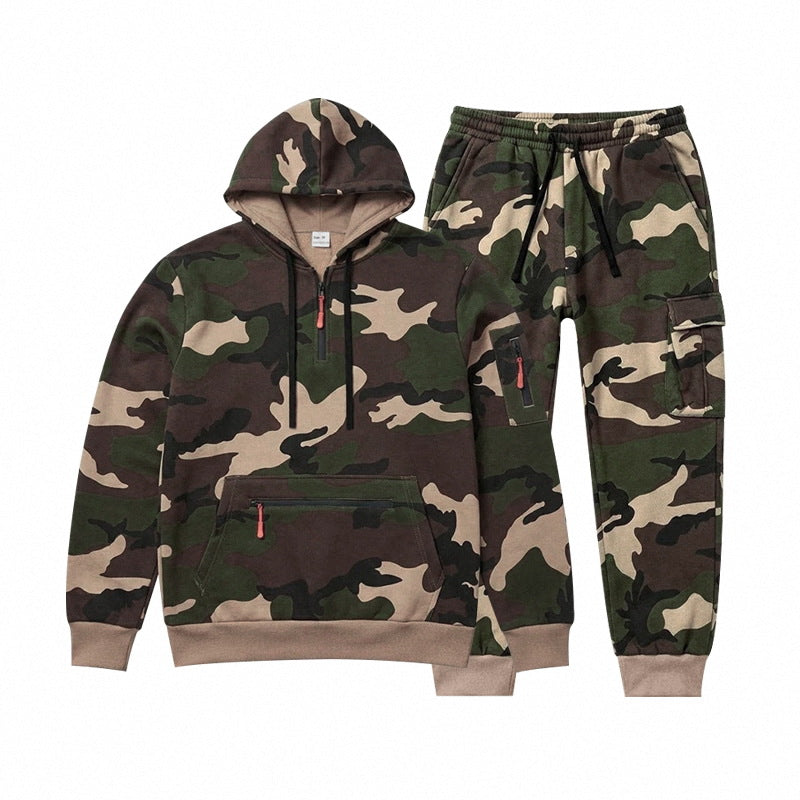 Men's Camouflage Hoodie Sweatshirt and Jogging Pants Set with Cargo Pockets and Zippers Mune Fashion