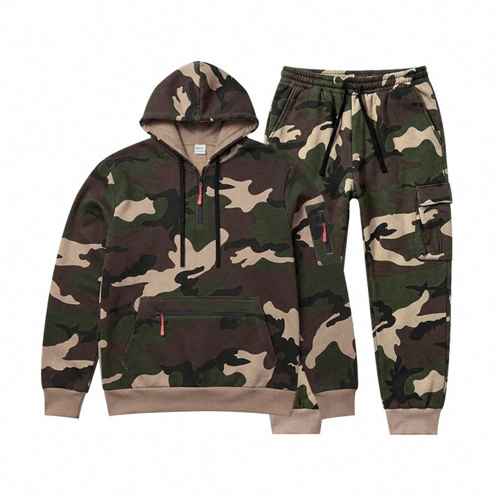 Men's Camouflage Hoodie Sweatshirt and Jogging Pants Set with Cargo Pockets and Zippers Mune Fashion