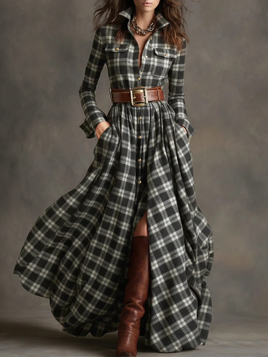 Women checked maxi dress shirt dress with flared skirt and wide waistband Mune Fashion