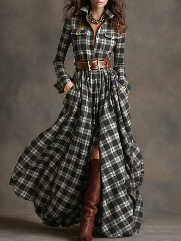 Women checked maxi dress shirt dress with flared skirt and wide waistband Mune Fashion