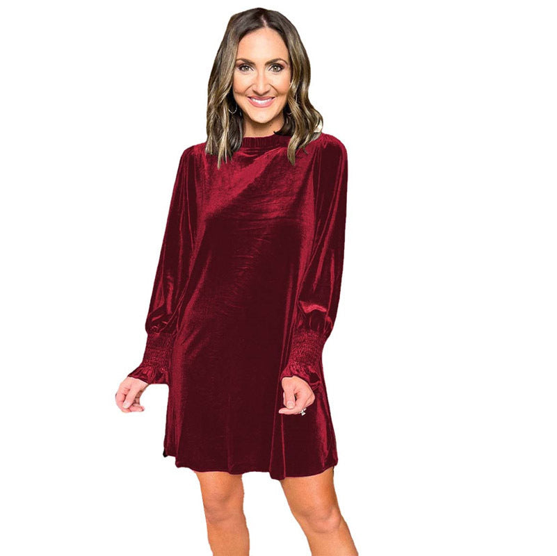 Women's Velvet Mini Dress with Stand Collar and Ruffled Balloon Sleeves Mune Fashion