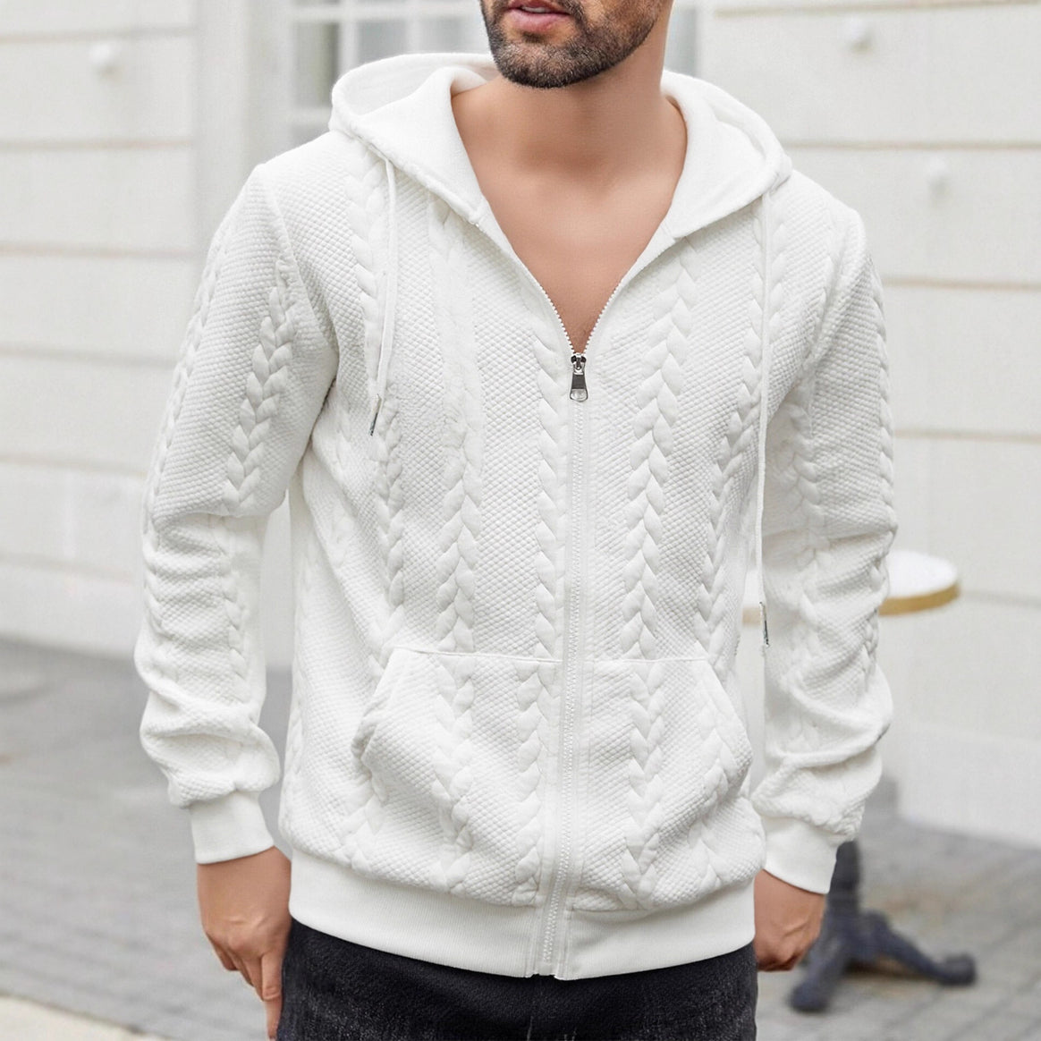 Men's knitted hooded sweat jacket with cable pattern, full zip and kangaroo pocket Mune Fashion