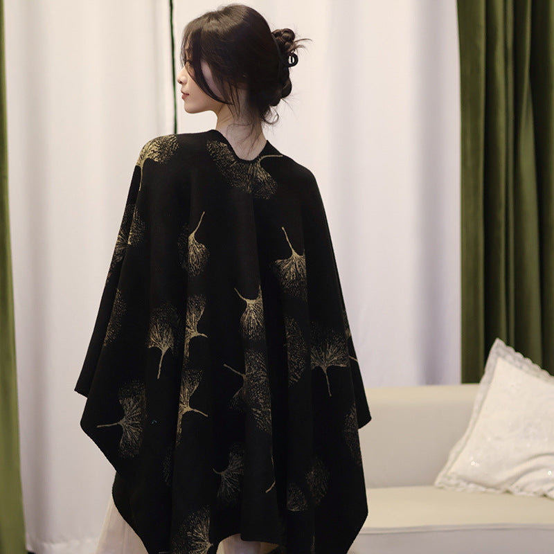 Women's Reversible Fine Knit Cape with Woven Dandelion Jacquard