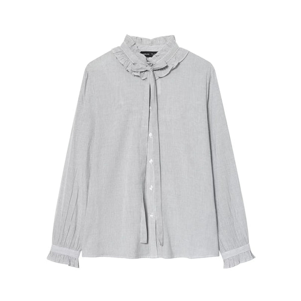 Women's ruffled blouse with high stand-up collar and tie, pleated sleeves and continuous button placket Mune Fashion