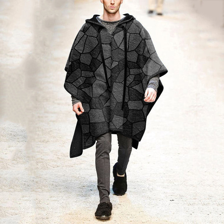 Men's Oversized Hooded Poncho made of Knit with Geometric Mosaic Pattern Mune Fashion