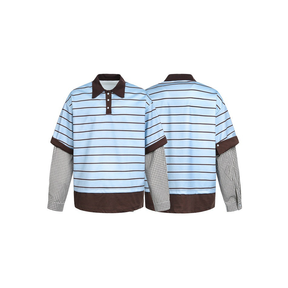 Men's Layered Look Polo with Stripes, Contrast Collar and Checked Insert Sleeves Mune Fashion