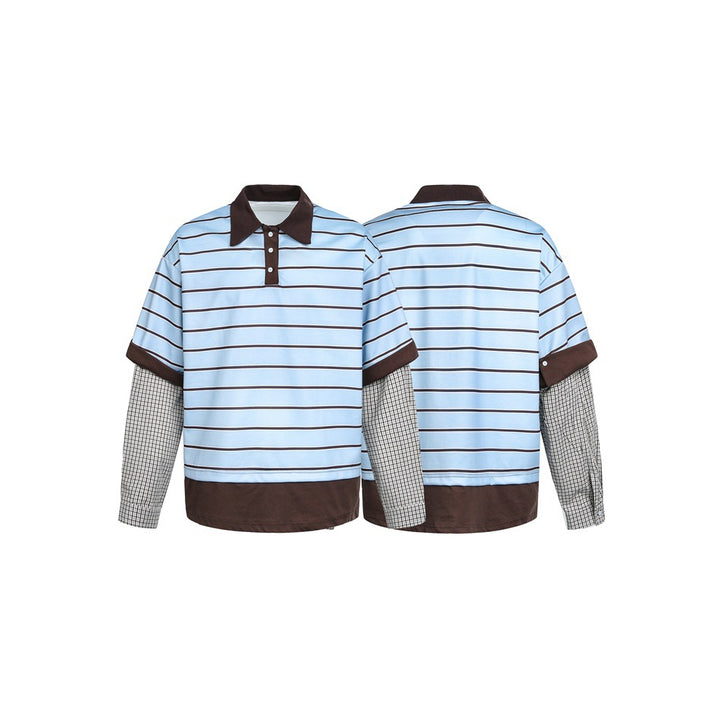 Men's Layered Look Polo with Stripes, Contrast Collar and Checked Insert Sleeves Mune Fashion