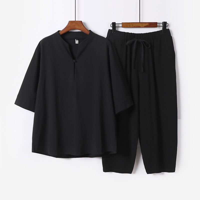 Women Lightweight Linen-Cotton Loungewear Set with Stand Collar, Three-Quarter Sleeves and Elasticated Waist Pants Mune Fashion