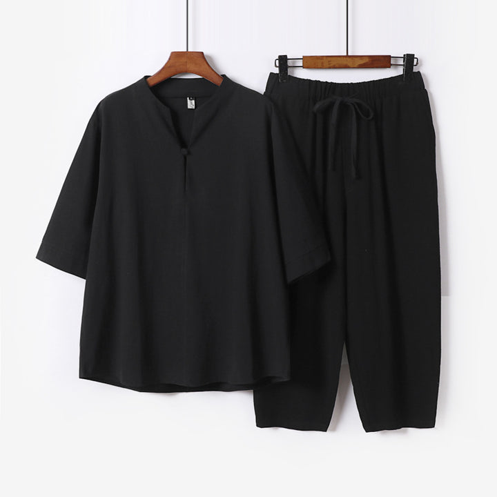 Women Lightweight Linen-Cotton Loungewear Set with Stand Collar, Three-Quarter Sleeves and Elasticated Waist Pants Mune Fashion