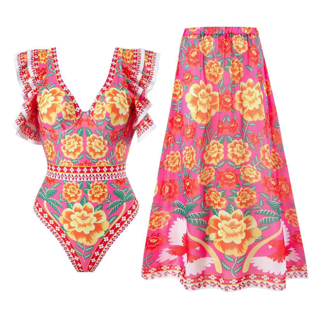 Ladies swimsuit set with voluminous ruffle design and floral wrap skirt Mune Fashion