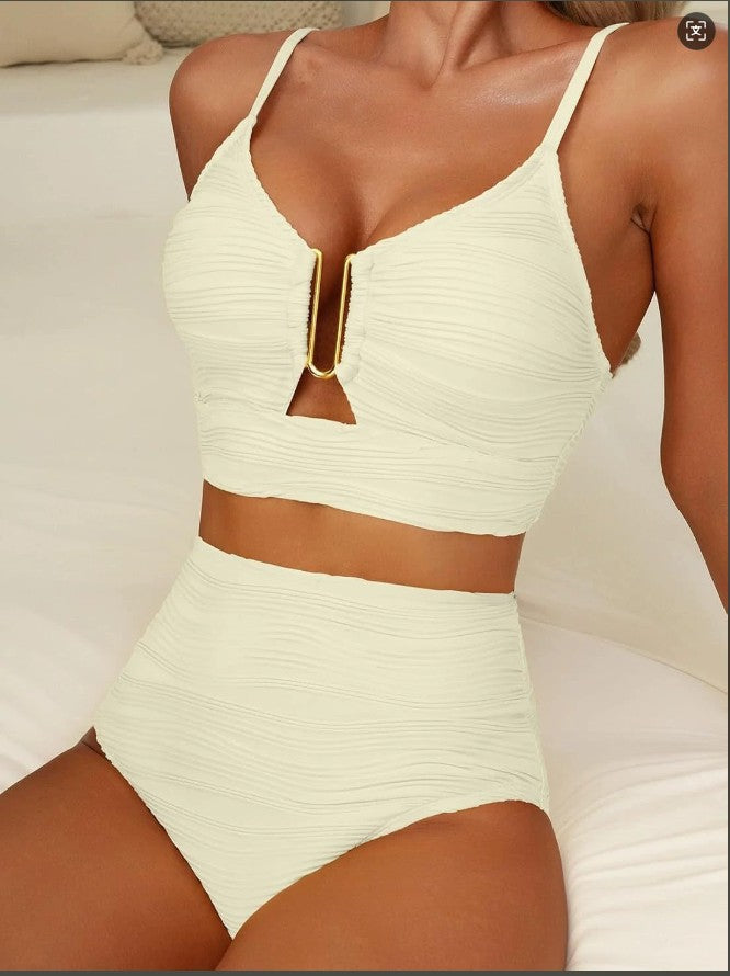 Women's High-Waisted Bikini Set with Fashionable Cut-Out Mune Fashion