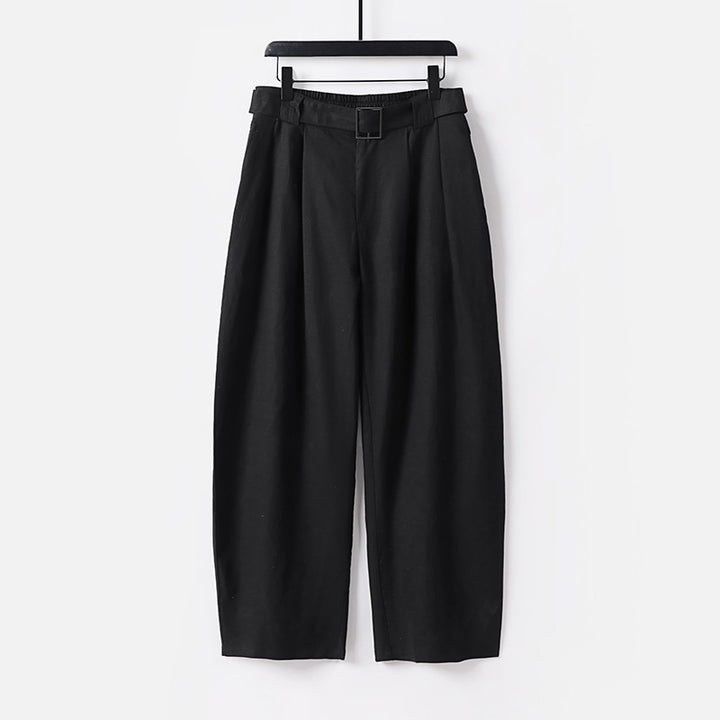 Women High-waisted wide linen blend pants with pleats and fabric belt Mune Fashion