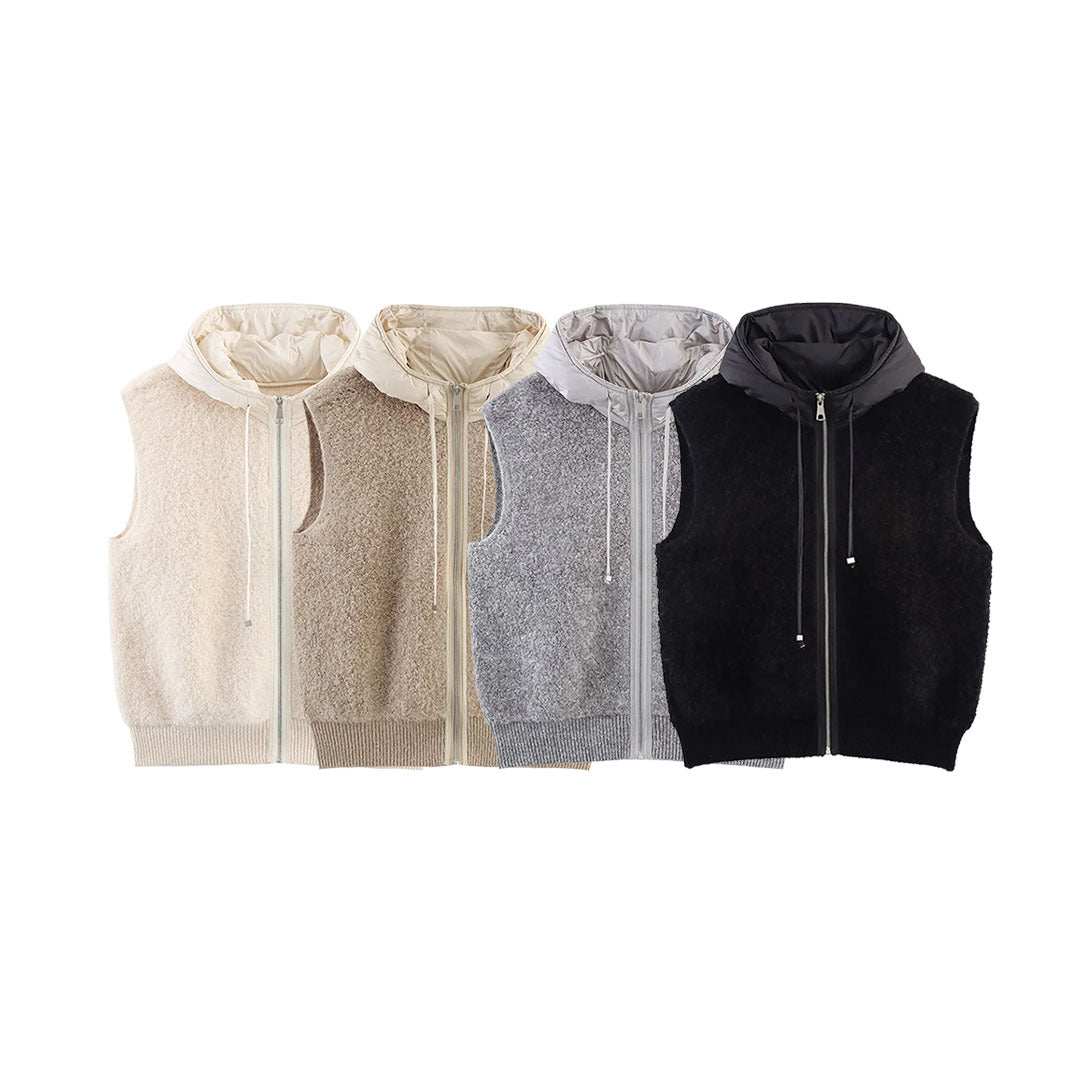 Women's Sleeveless Boucle Vest with Zipper, Padded Hood and Ribbed Hem Mune Fashion