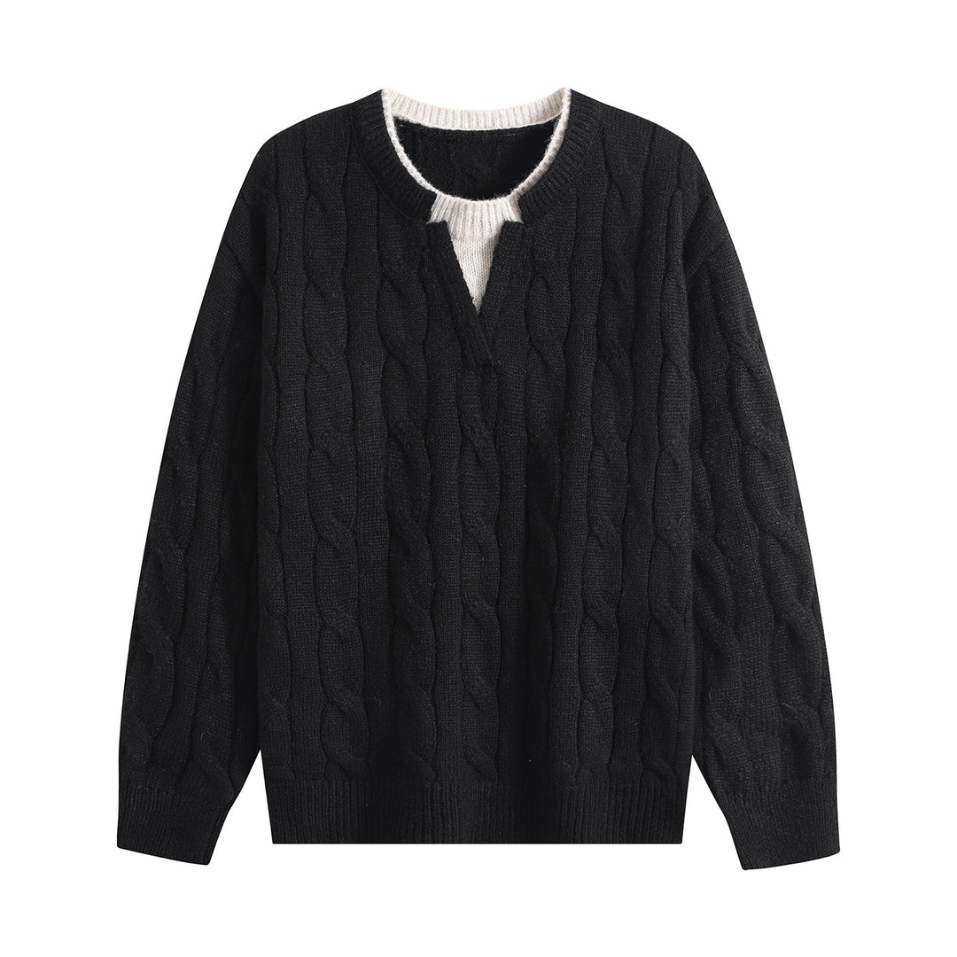 Women Oversize Cable Knit Sweater with V-Slit Collar Mune Fashion