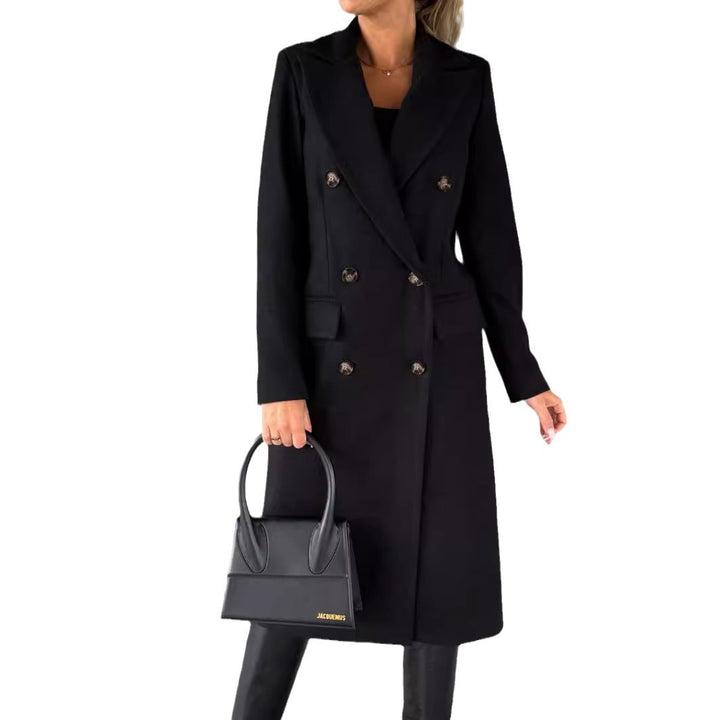 Women Double-Breasted Wool Coat in Longline Cut with Lapel Collar and Flap Pockets Mune Fashion
