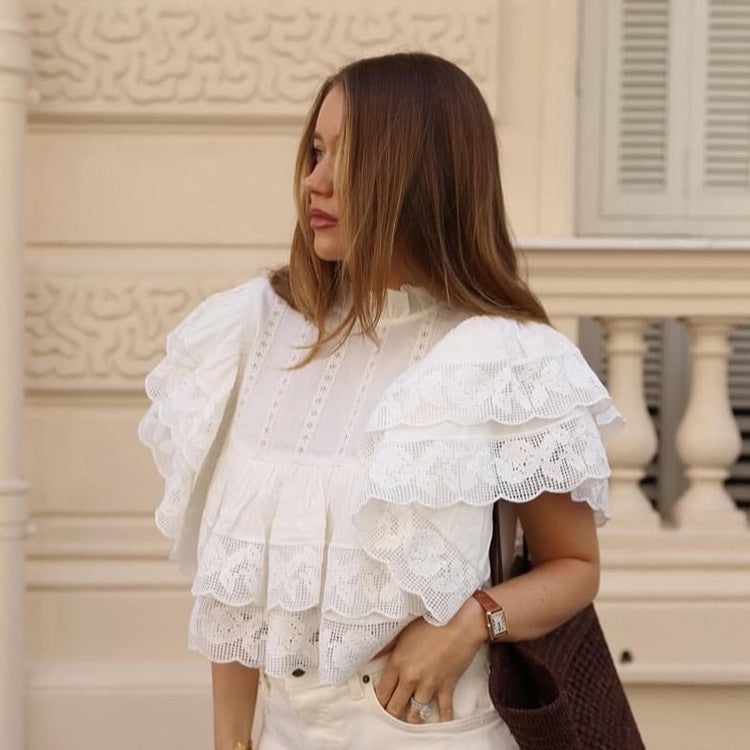 Women's lace blouse in cropped ruffle style with standing collar and layered ruffles