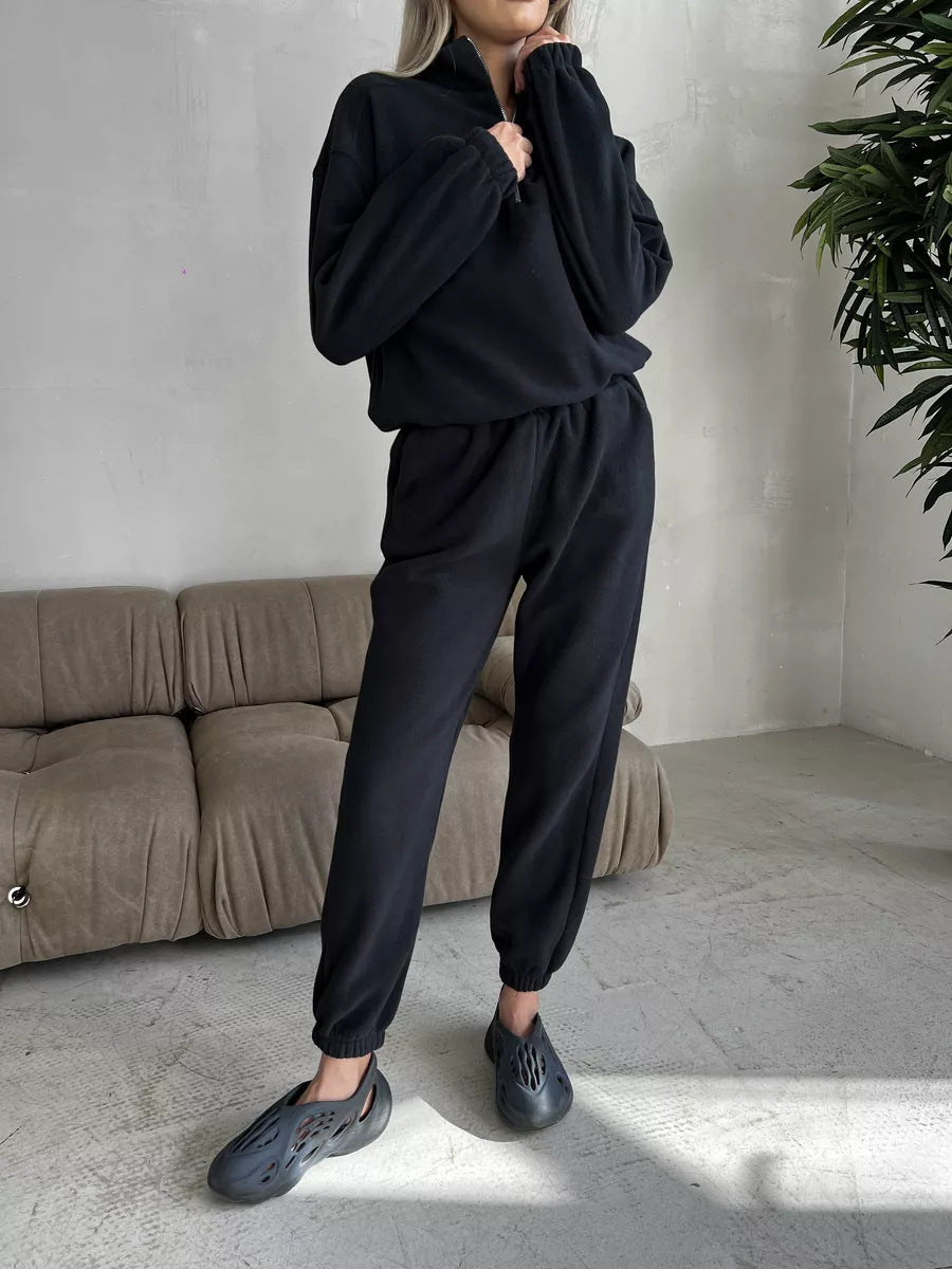 Women's Casual Fleece Jogging Suit Set with Stand Collar and Half-Zip Mune Fashion