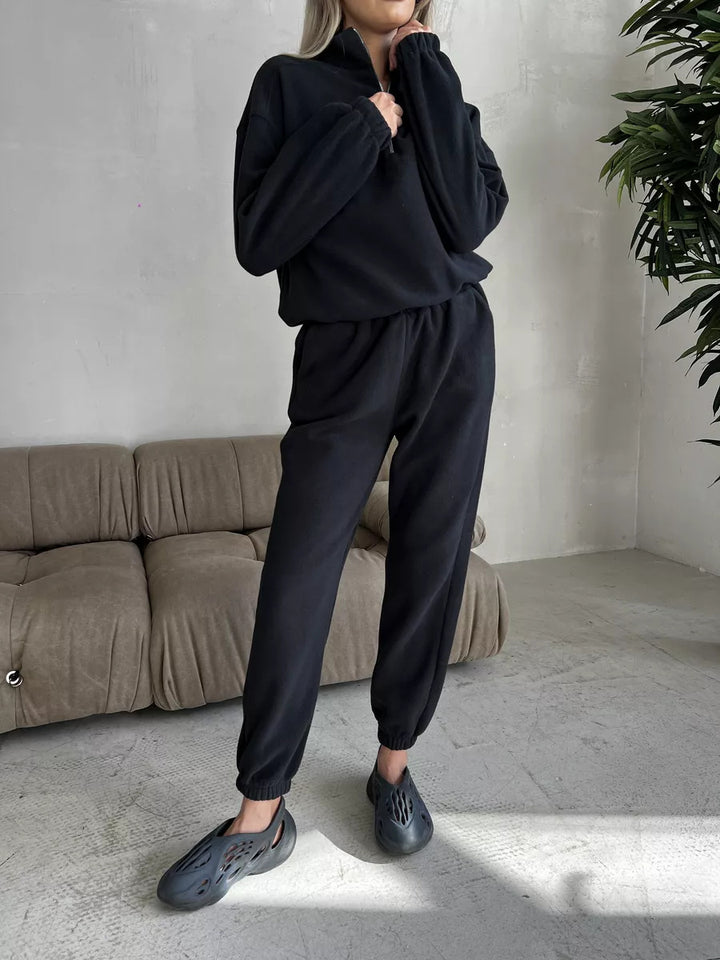 Women's Casual Fleece Jogging Suit Set with Stand Collar and Half-Zip Mune Fashion