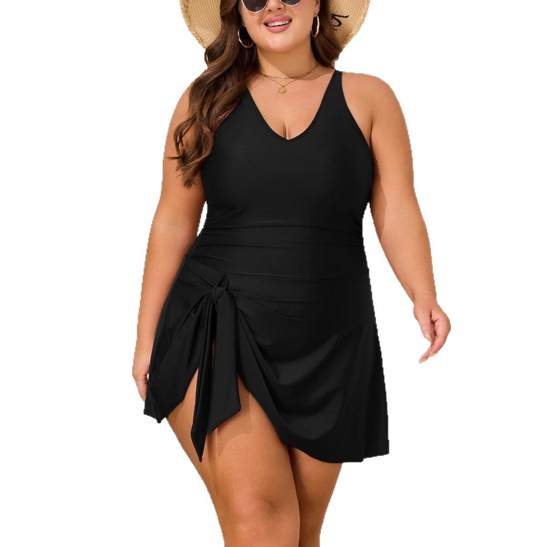 Women V-Neck Swimsuit with Wrap Skirt and Side Ties Mune Fashion