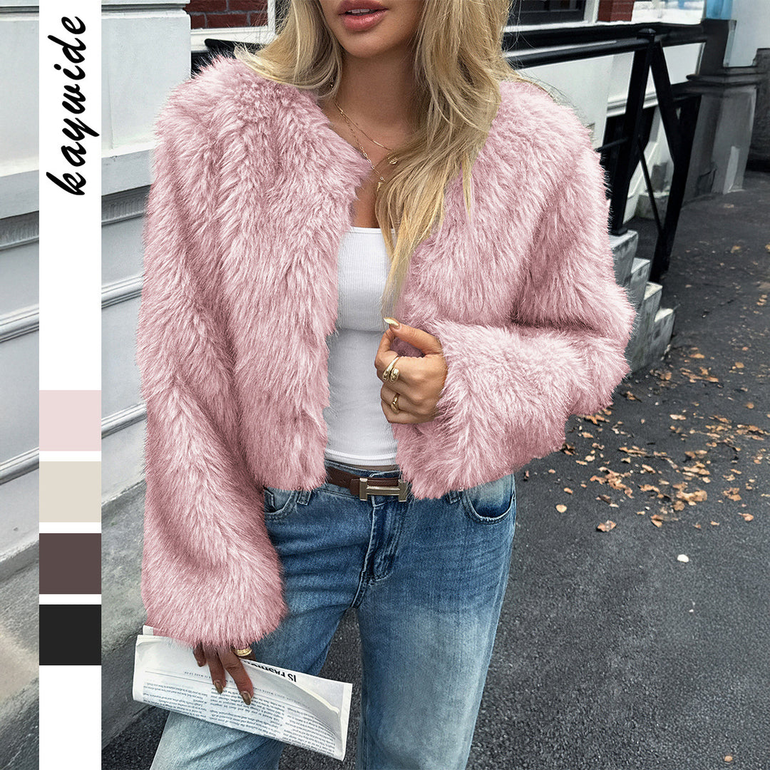 Women's short faux-fur jacket with voluminous sleeves, open cut and cozy inner lining Mune Fashion