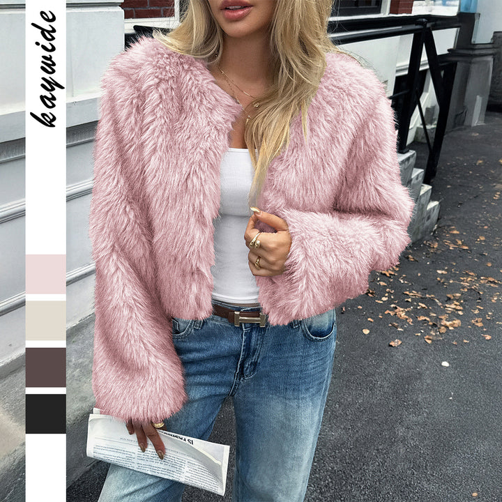 Women's short faux-fur jacket with voluminous sleeves, open cut and cozy inner lining Mune Fashion