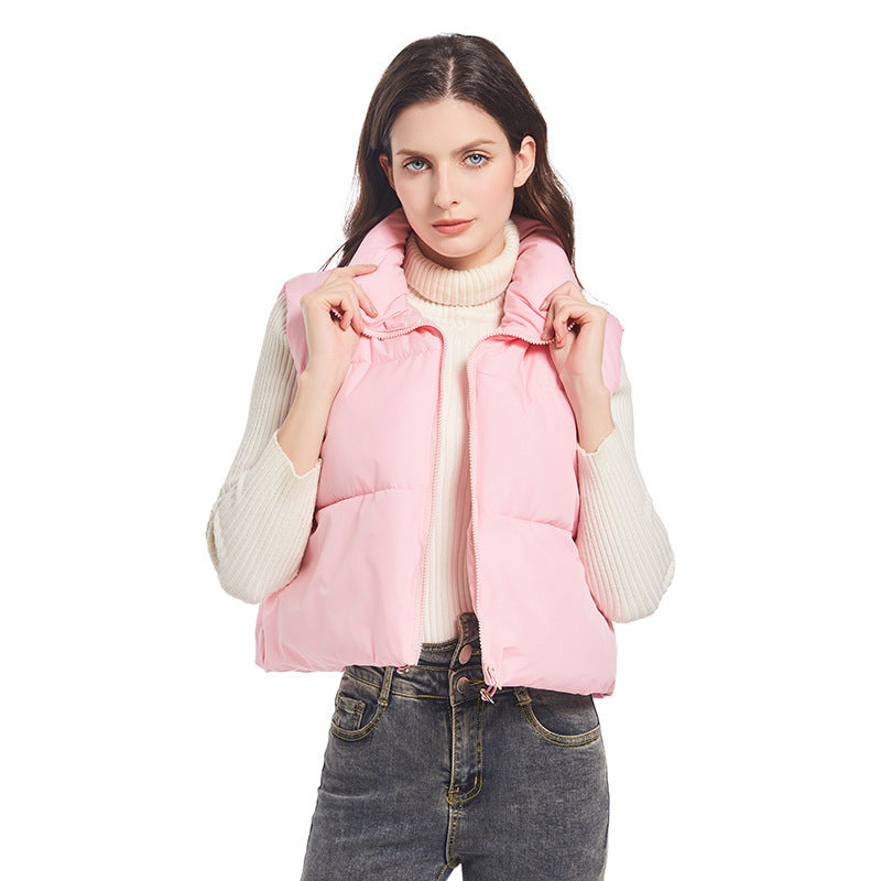 Women’s nan ultra-light short padded vest with high stand-up collar, two-way zipper and adjustable drawstring hem Mune Fashion