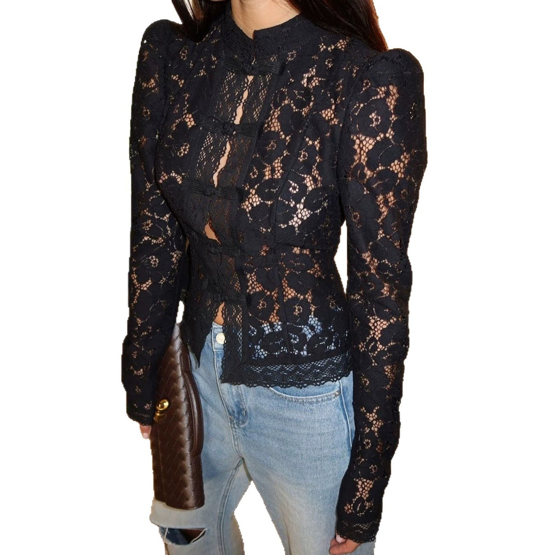 Women's figure-hugging lace blouse with stand collar, decorative knot closure, and crocheted hem Mune Fashion