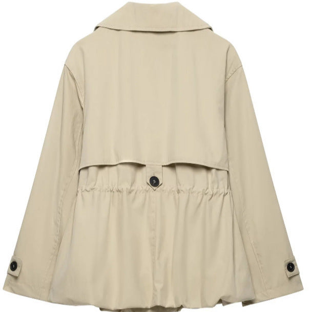 Women's Short Tailored Trench Jacket with Drawstring and Wide Lapel Mune Fashion