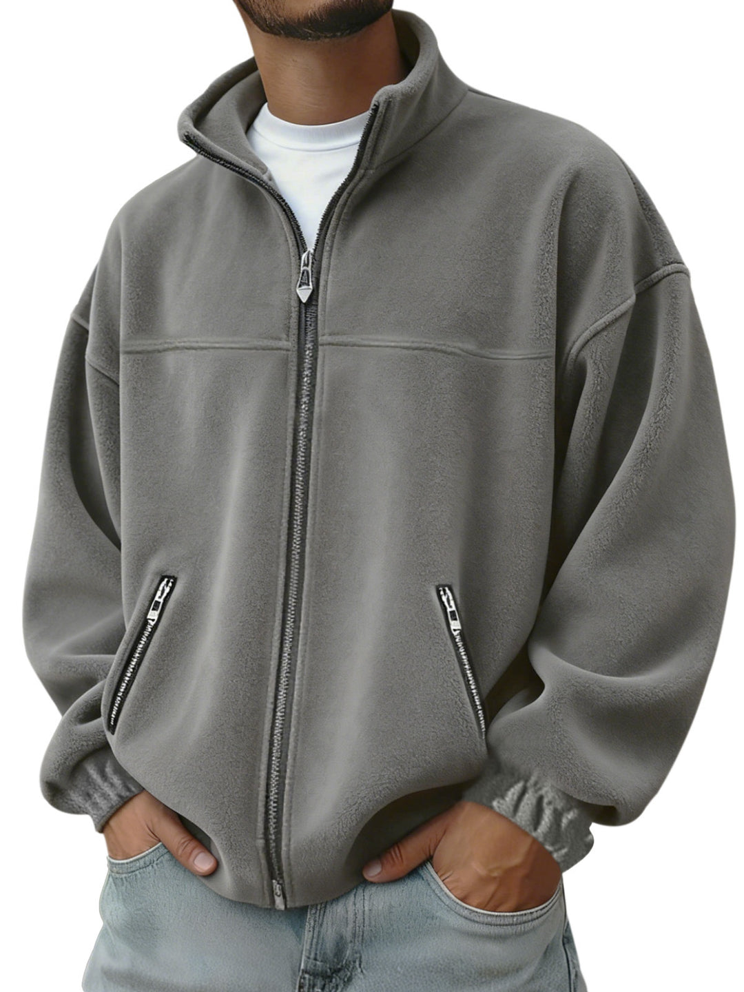 Men's Oversize Fleece Jacket with Stand-Up Collar, Full-Length Zipper and Zip Pockets EB