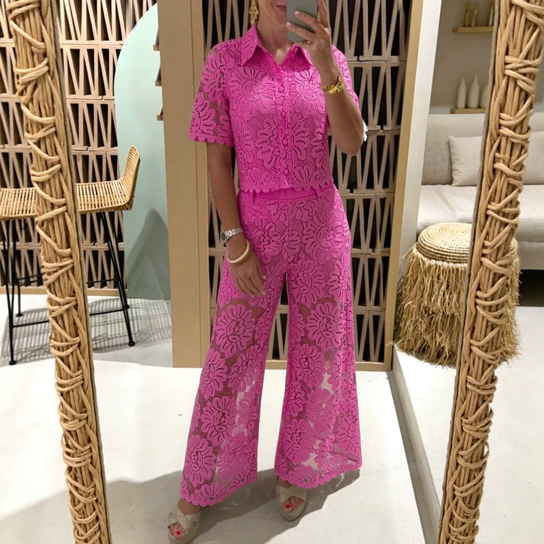 Women's elegant lace combination with short-sleeved blouse, scalloped hem, and tailored palazzo pants with tie belt Mune Fashion