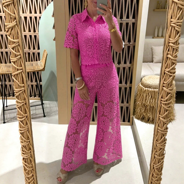 Women's elegant lace combination with short-sleeved blouse, scalloped hem, and tailored palazzo pants with tie belt Mune Fashion