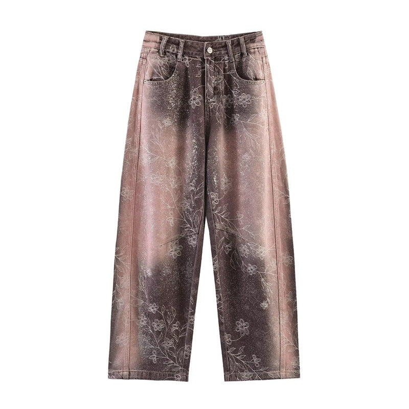 Women's High-Waist Jeans with Wide Leg, Floral Vintage Print and Five-Pocket Cut Mune Fashion