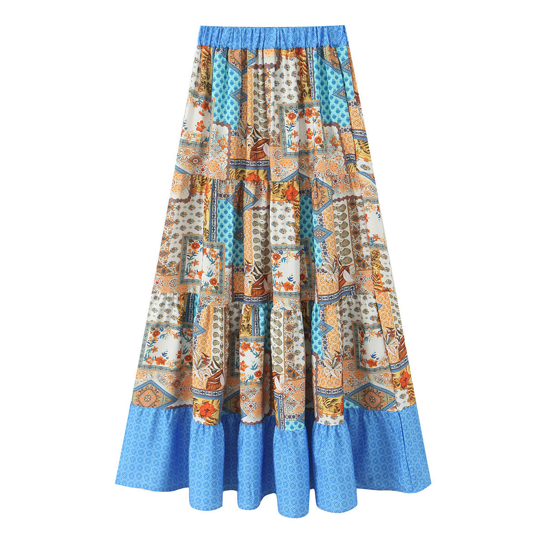 Women's Long Tiered Skirt with Floral Allover Print, Elastic Waistband and Ruffled Panels Mune Fashion