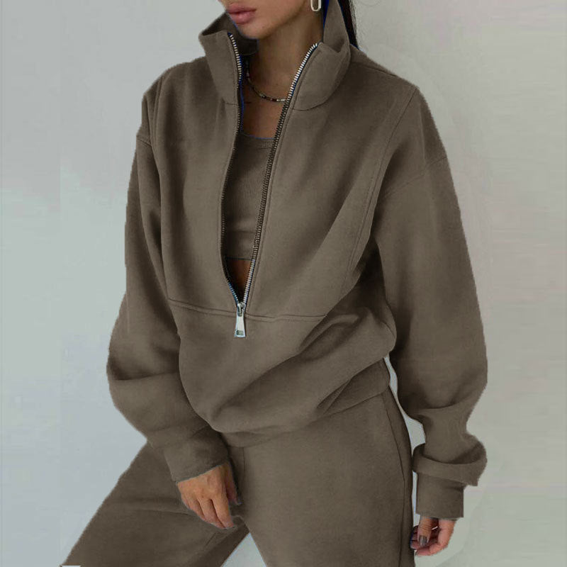 Ladies nan short half-zip sweatshirt and jogging pants set with stand-up collar, oversized cut and soft French terry Mune Fashion
