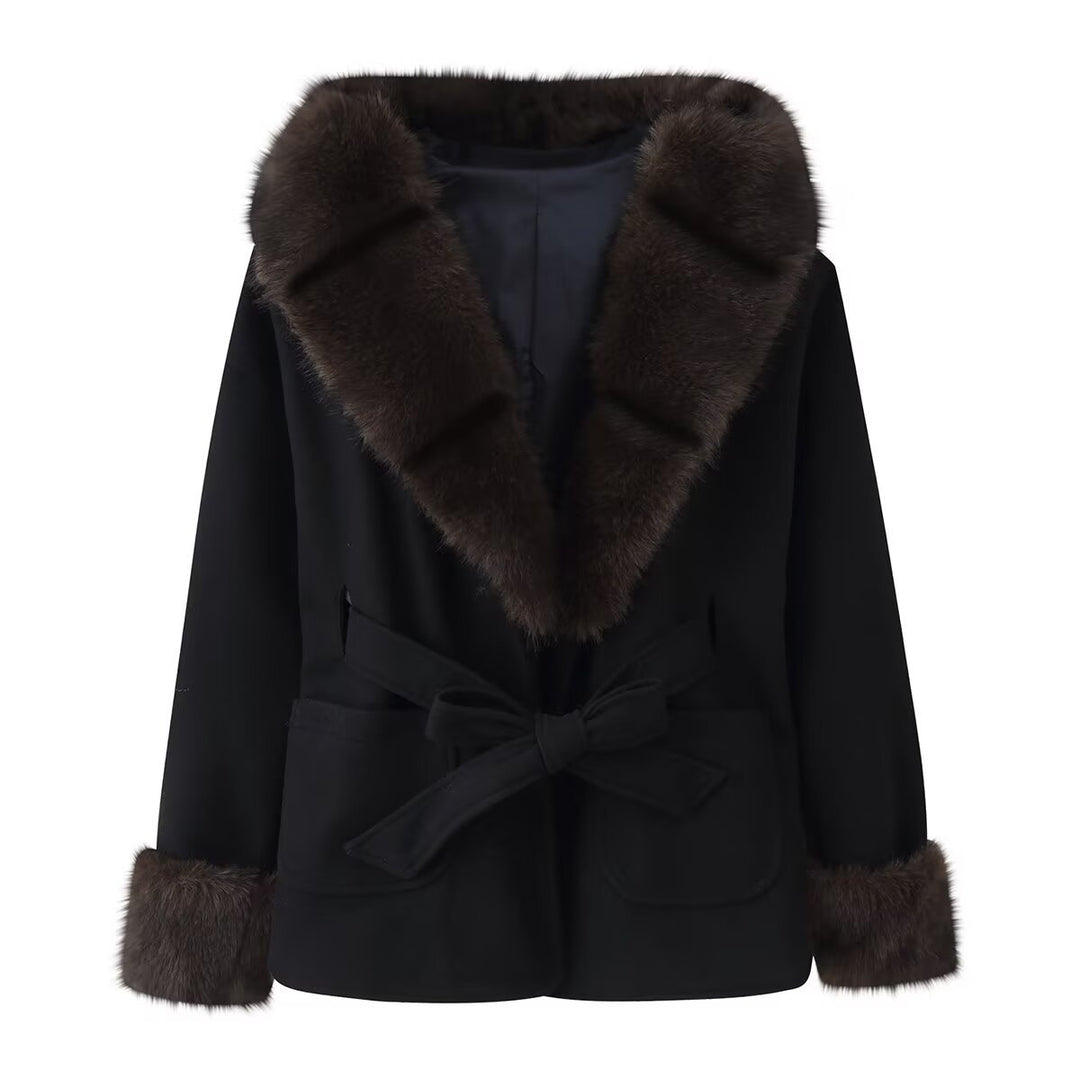 Women's Short Wool Blend Coat with Faux Fur Collar, Waist Belt and Patch Pockets Mune Fashion
