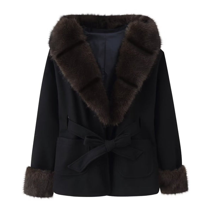 Women's Short Wool Blend Coat with Faux Fur Collar, Waist Belt and Patch Pockets Mune Fashion
