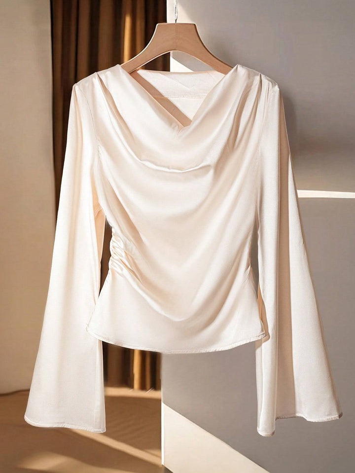 Women Draped Satin Top with Waterfall Collar & Ruffle Sleeves Mune Fashion