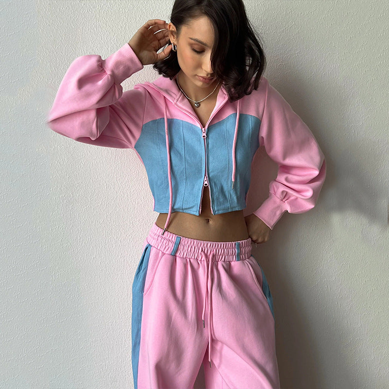 Ladies two-piece cropped hoodie set with zipper, elastic comfort waistband and wide side stripe pants Mune Fashion