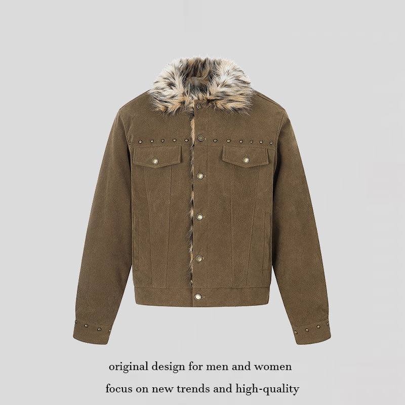 Men's suede trucker jacket with faux fur collar, stud embellishments and snap button closure Mune Fashion