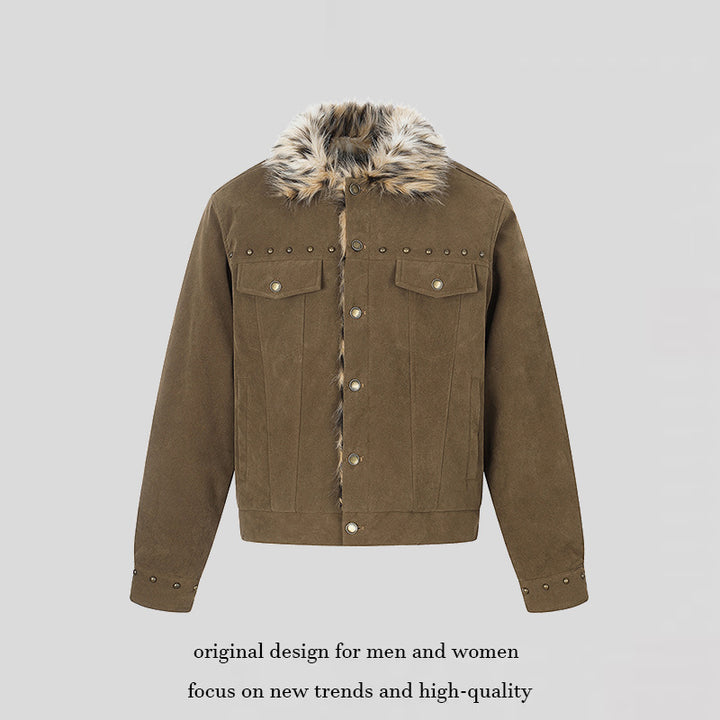Men's suede trucker jacket with faux fur collar, stud embellishments and snap button closure Mune Fashion