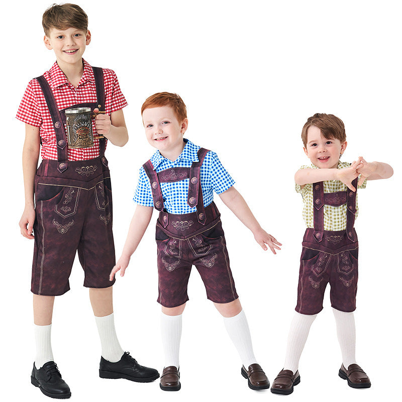 Women nan traditional Trachten lederhosen with adjustable straps and checked blouse set Mune Fashion