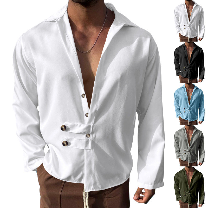 Men's modern long-sleeved shirt with deep neckline and asymmetrical strap look Mune Fashion