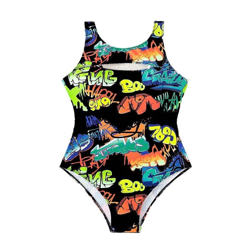 Women’s Sporty One-Piece Swimsuit with Creative Graffiti Design Mune Fashion