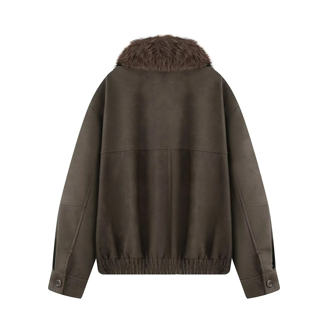 Women's padded bomber jacket in aviator look with removable faux fur collar and flap pockets Mune Fashion
