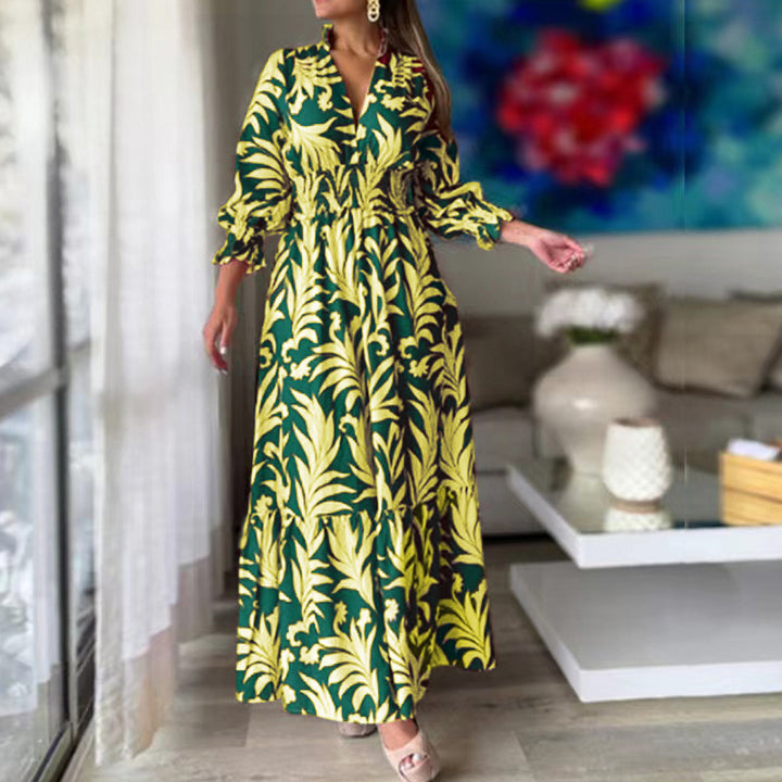 Women Long Maxi Dress with V-Neck, Elastic Smocked Waistband, Tiered Skirt, and Balloon Sleeves Drune