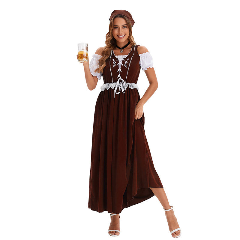 Ladies long traditional dress in dirndl style with corset lacing and lace waistband Mune Fashion