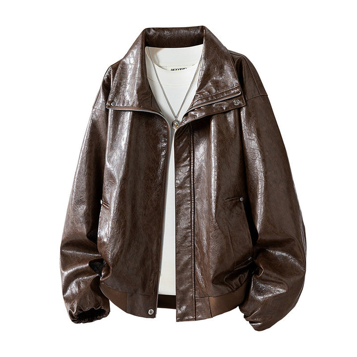 Women's Fashionable Faux Leather Jacket with High Collar Mune Fashion